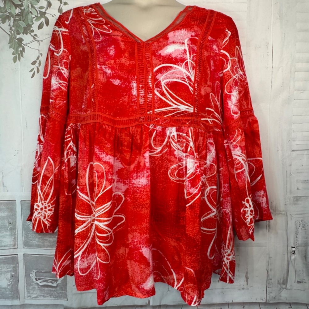 Avenue Tropical Coral Boho Bell SLVS Ombre Breeze Summer Top Shirt Sz. 14 NEW